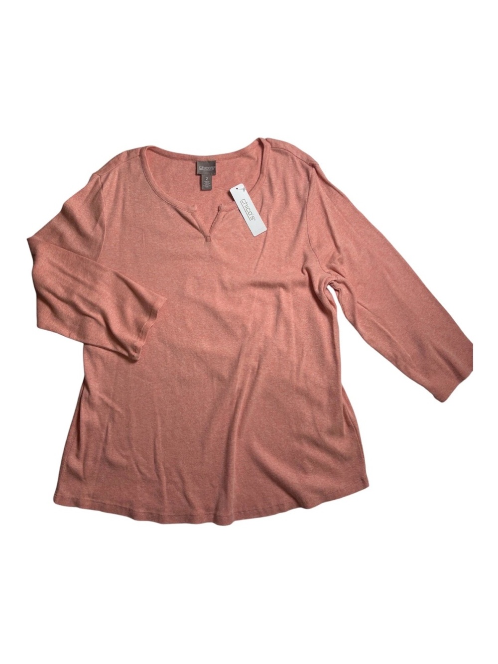 Chico's Skylar Split Neck Top Size 2 US Large Coral Haze Heather 3/4 Sleeve